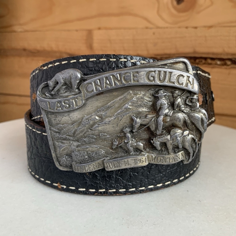 1983 Last Chance Gulch Helena MT Belt Buckle Lmtd Ed Nacona Belt Money Zipper 34